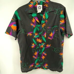 Vintage 80’s Hilo Hattie Sz Medium Hawaiian‎ Luau Shirt Black Neon
